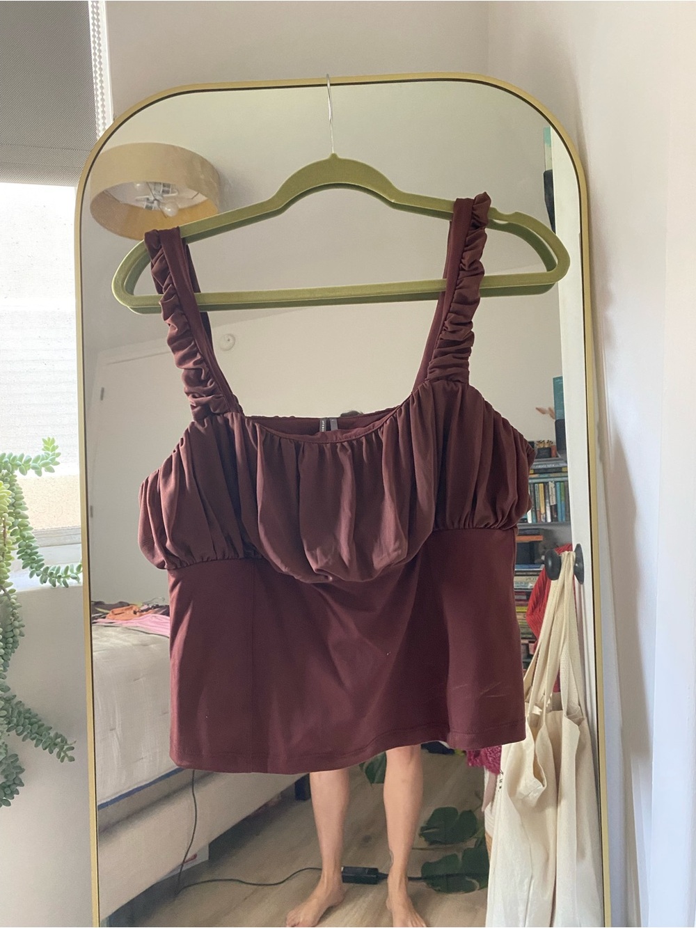 Anthropologie Ruched-Strap Square-Neck Tank in Deep Maroon